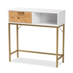 Baxton Studio Giona Modern and Contemporary Two-Tone Oak Brown and White Finished Wood and Gold Metal 1-Drawer Console Table